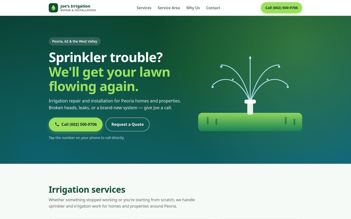 Sample redesign of a local irrigation company website, shown on desktop